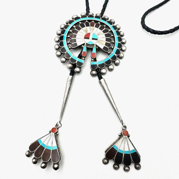Rare Native American Zuni Cellicion Sterling Turquoise Large Sunface Bolo Tie - Picture 4 of 9